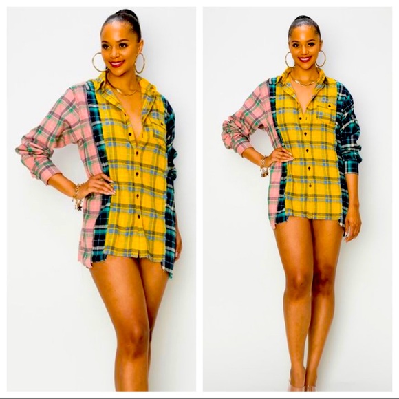 LONG SLEEVE OVERSIZE MULTI PLAID BUTTON DOWN SHIRT - Picture 3 of 7